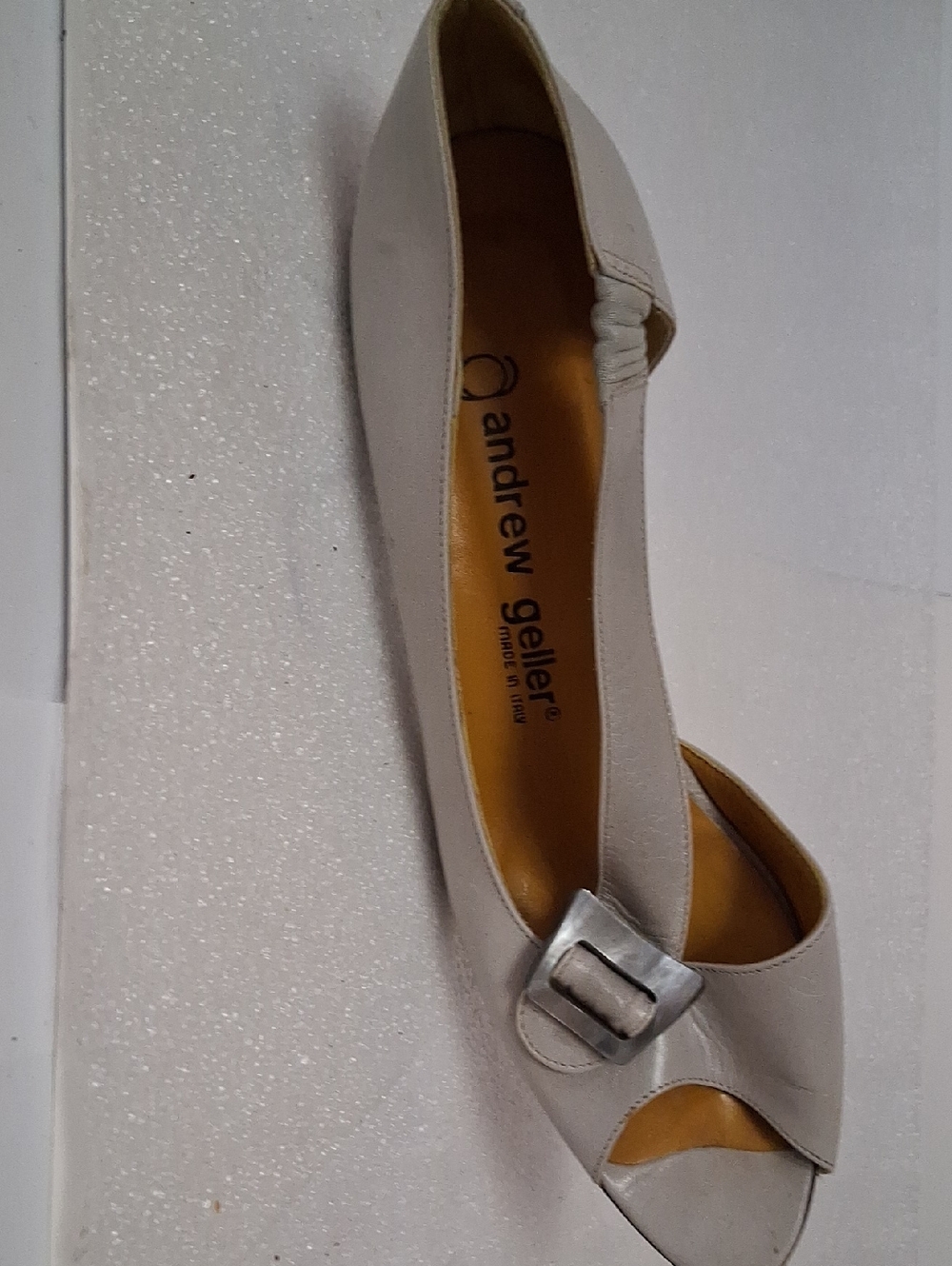 Andrew Geller Cream Peep-Toe Flat with Silver Buckle